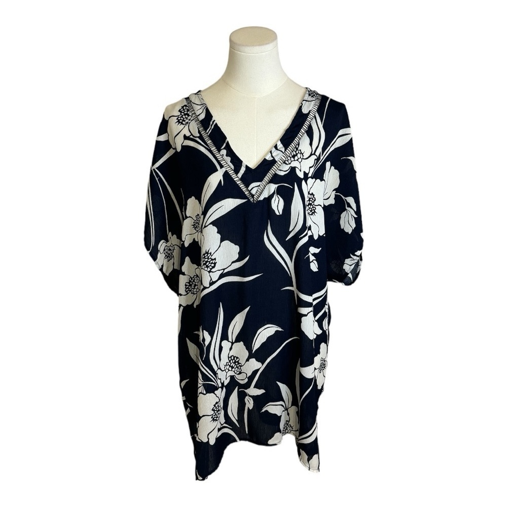 KONA SOL Beach Bathing Suit Cover Up sz M Navy Blue Floral Vacation Swim Beach